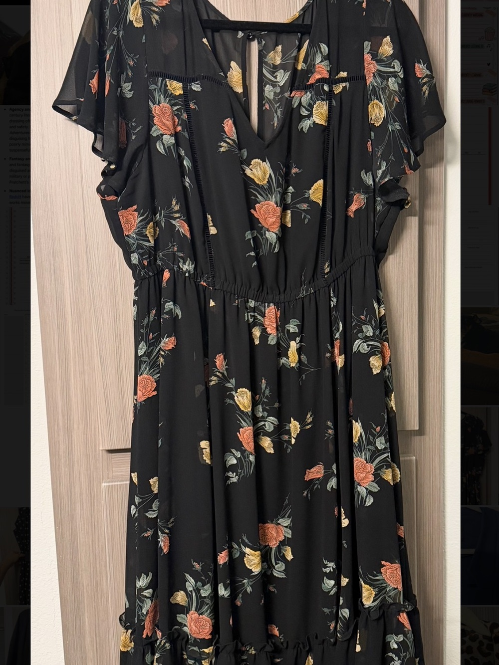 torrid Black Floral Midi Dress with V-Neck and Flutter Sleeves